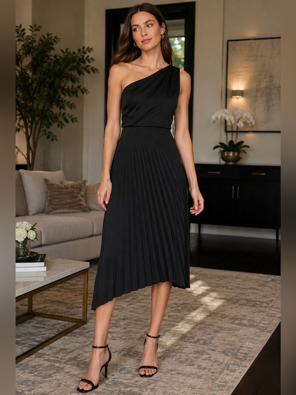 𝙎𝙖𝙢 𝙀𝙙𝙚𝙡𝙢𝙖𝙣 Black Dress Cocktail One Shoulder Asymmetrical Midi Size 4